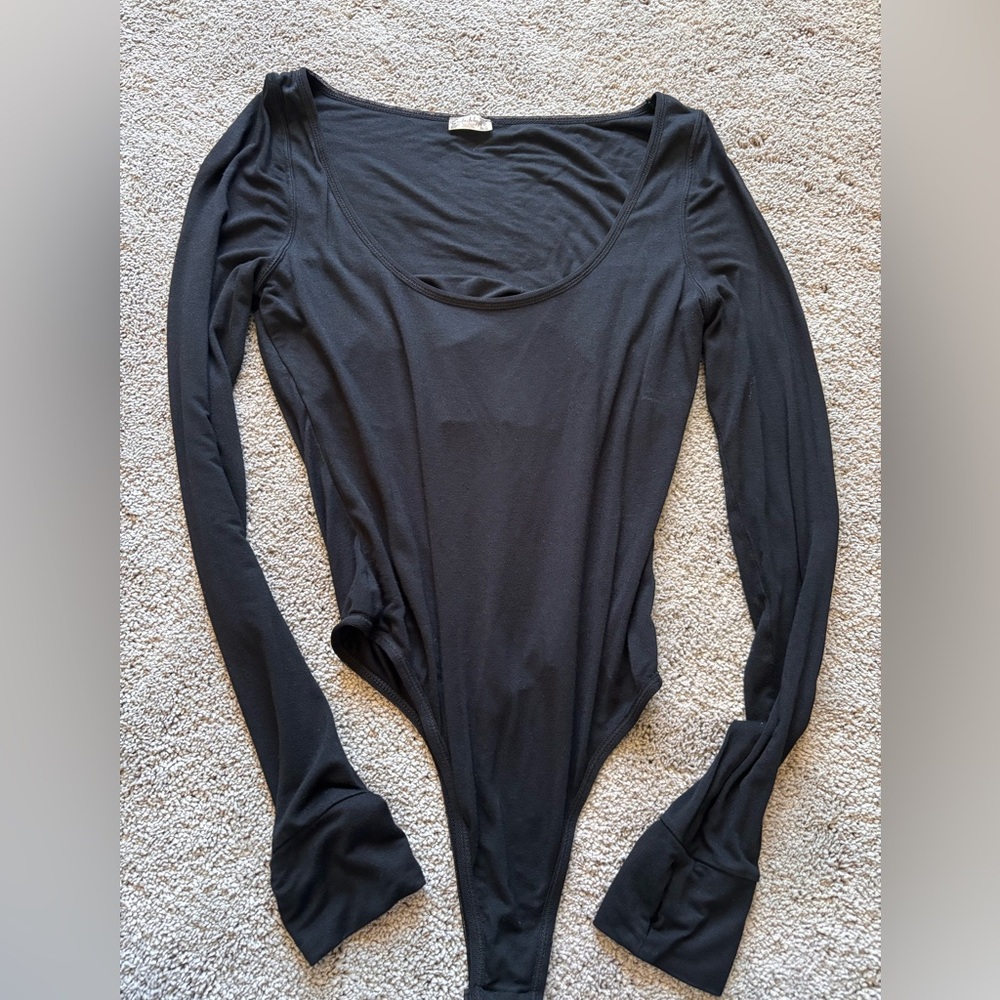 Free People Black Long-Sleeve Scoop Neck Bodysuit